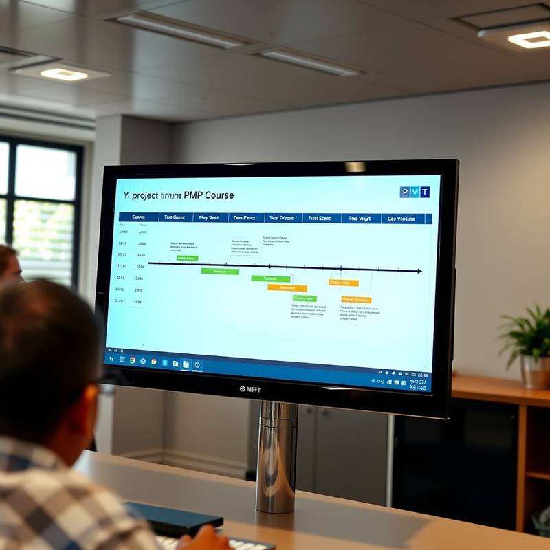 Project timeline displayed on a screen, indicating the Project Management Professional course.